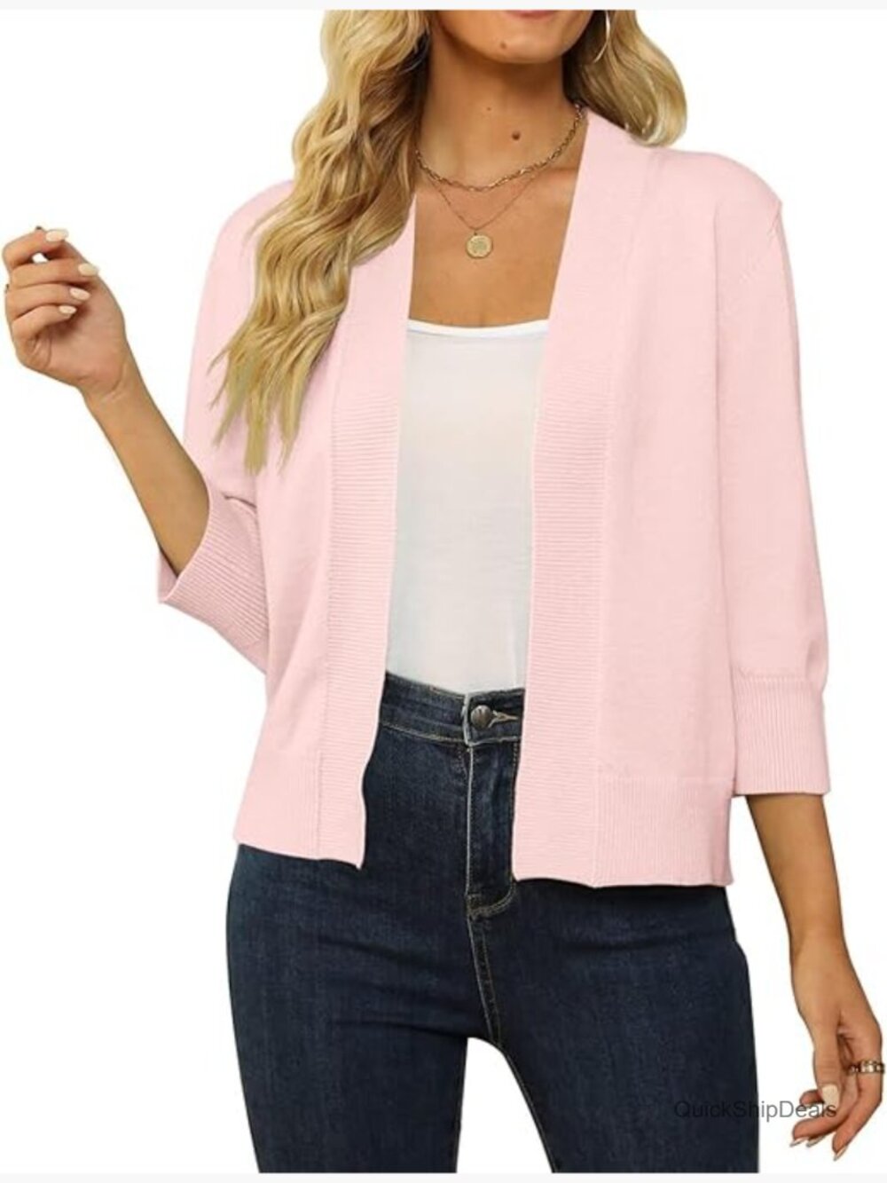 3/4 Sleeve Cropped Cardigan Sweater Lightweight Knit Open Front